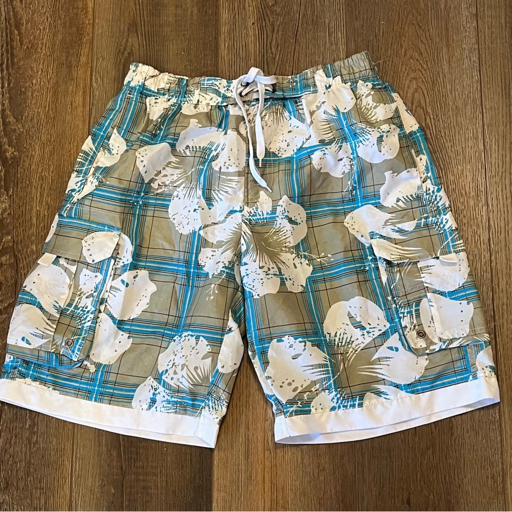 VTG Tropical Hawaiian‎ Swim Trunks Men's M Floral Hibiscus Plaid Mesh Lined Y2K